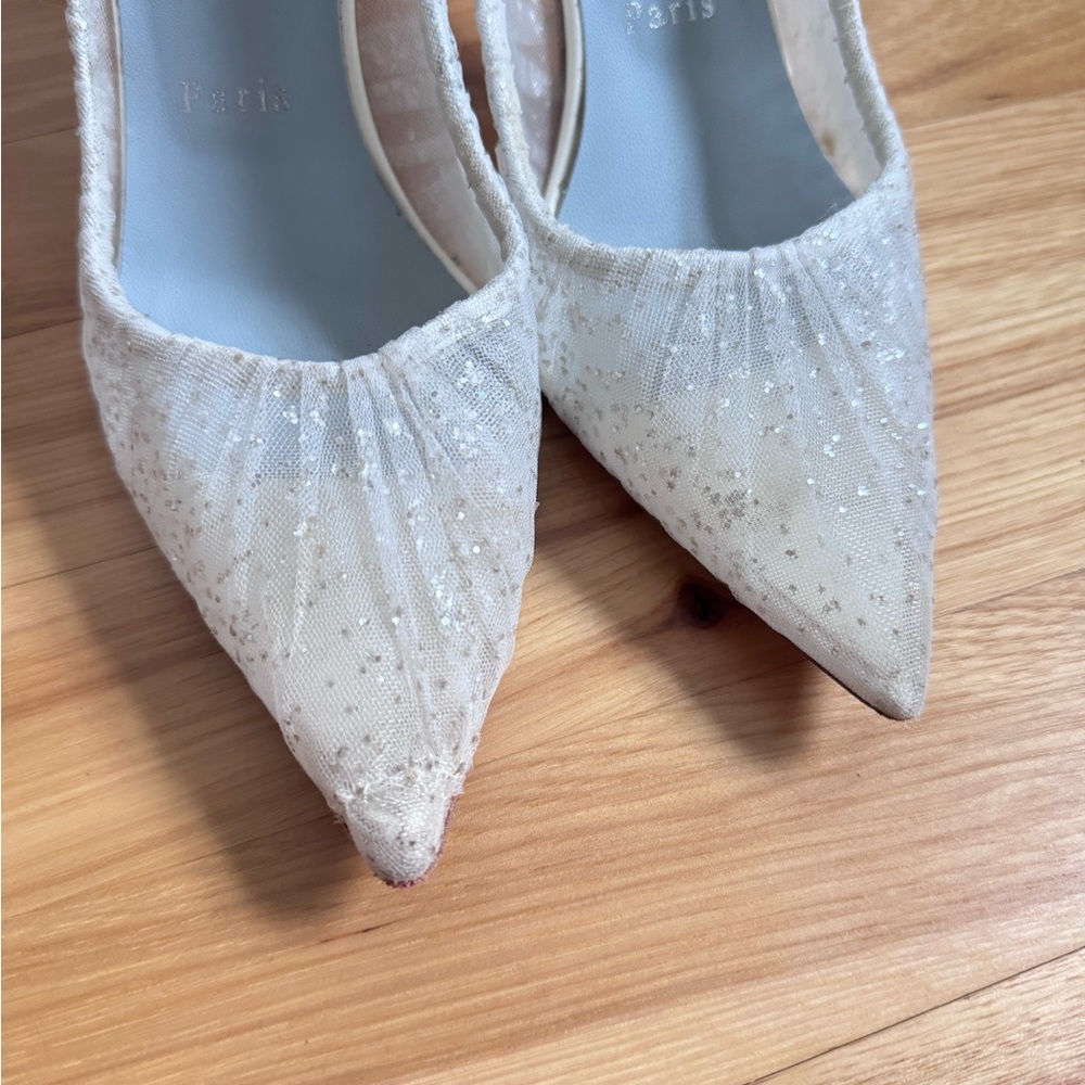 SOLD ‼️Christian Louboutin Kate Draperia 85 White Glitter Tulle Bridal Low Heel - Picture 5 of 16